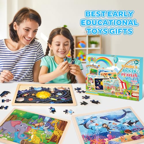 6-Pack Wooden Puzzles for Kids Ages 3-5, 60-Piece Animals Jigsaw Set | Toddler Puzzles Ages 3-5, Preschool Puzzles with Wooden Jigsaw Boards for Fine Motor Skills, Shape Recognition and Travel - style: Animals