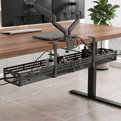 Under Desk Cable Management Tray, 15-25in Retractable Metal Cord Organizer Rack, No Drill Desk Tray with Clamp, Anti-Slip Pads Cable Tray for Home, Office, Gaming, Standing Desks