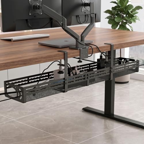 Under Desk Cable Management Tray, 15-25in Retractable Metal Cord Organizer Rack, No Drill Desk Tray with Clamp, Anti-Slip Pads Cable Tray for Home, Office, Gaming, Standing Desks