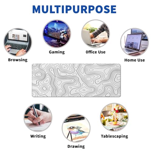 Topographic Contour Gaming Mouse Pad White Large Mouse Pad for Keyboard and Mousepad Desk Mat with 3mm Non-Slip Base and Stitched Edge for Gaming and Office Computer Mat Protector Mat 31.5x11.8 Inch - color: White Topographic Contour