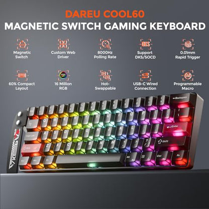 DAREU COOL60 60% Hall Effect Gaming Keyboard with Magnetic Switch, SOCD, 0.01mm Actuation Adjustable Rapid Trigger,8000 Hz Polling, Frosted Transparent Keycaps, Hot-swap, RGB Backlit - color: Black