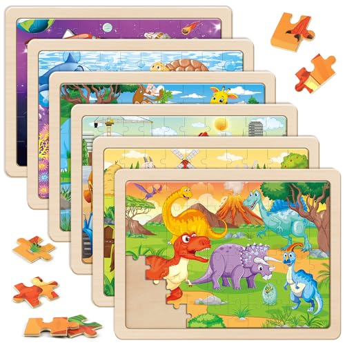 SYNARRY Wooden Puzzles for Kids Ages 4-6, 6 Packs 60 PCs Jigsaw Puzzles Preschool Educational Toys for Children Ages 4-8, Puzzles for Kids Ages 6-8 Boys Girls, Easter Basket Stuffers for Kids