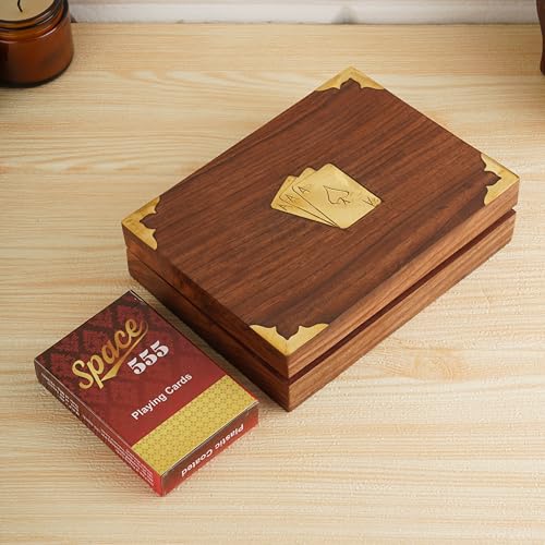 Ajuny Handcrafted Wooden Double Deck Playing Card Box Holder Decorative Storage Case Organizer With 2 Set of 'Ace' Playing Cards Brass Inlay Anniversary Housewarming Gifts For Him Her