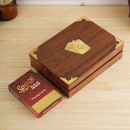 Ajuny Handcrafted Wooden Double Deck Playing Card Box Holder Decorative Storage Case Organizer With 2 Set of 'Ace' Playing Cards Brass Inlay Anniversary Housewarming Gifts For Him Her