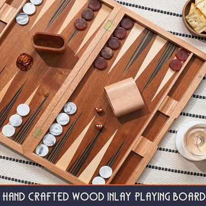 Pointworks 17 Inch Backgammon Sets for Adults. Beautiful Wood Inlaid Backgammon Board Game Set with Unique Checkers & Dice. Large Back Gammon Game Sets Travel Size for 2 Players Nardi or Tavla - style: Backgammon