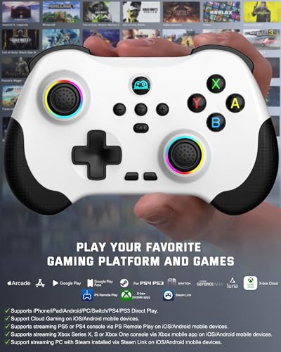 Joso Mobile Gaming Controller for iPad/iPhone/Tablet, Cloud Controller Remote Joystick for iOS/Android, Wireless Switch Controller with Macro Buttons/Hall-Rocker/Hall-Trigger - White - color: White