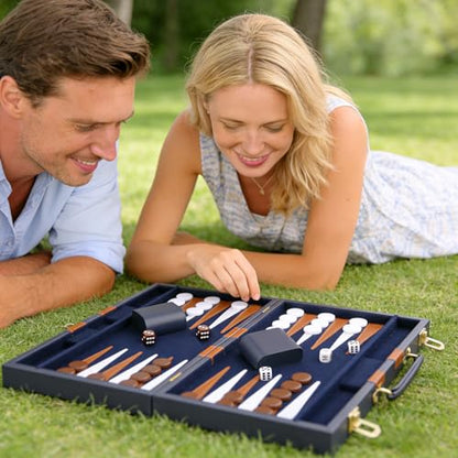 Backgammon Set - Classic Board Game with Premium PU Leather Case - Portable Travel Strategy Backgammon Game Set for Adults, Kids Family Game Night, Vacation & Gifts (11inch Small, Navy) - color: Navy, style: 11inch
