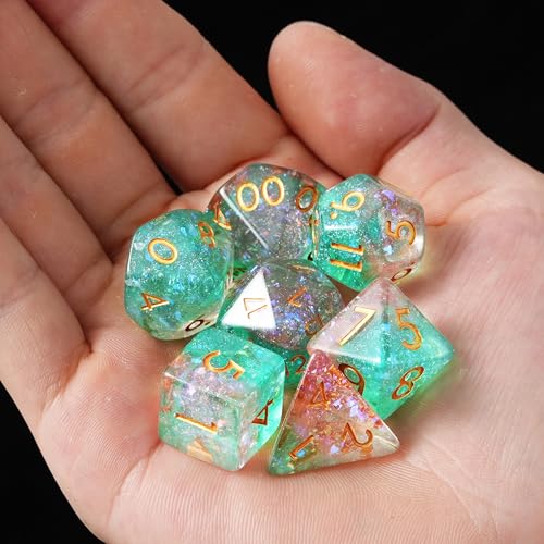 Starlight Ember Resin Dice Set for DND – 7pc Polyhedral Set with Glitter – Stunning and Cool RPG Dice for Dungeons & Dragons, and Other TTRPGs – Unique Natural Distribution - color: Starlight Ember