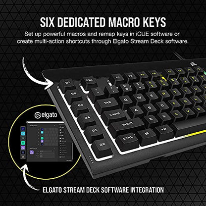 Corsair K55 RGB PRO Membrane Wired Gaming Keyboard – QWERTY US Layout, IP42 Dust and Spill-Resistant – 6 Macro Keys with Elgato Integration – iCUE Compatible – PC, Mac, Xbox – Black - color: Black, style: K55 RGB PRO