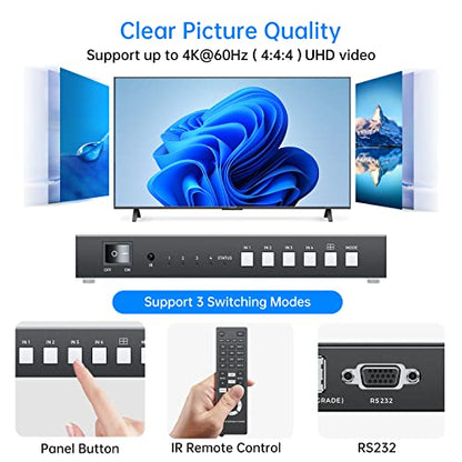 4K HDMI Quad Multi-viewer 4x1, Yinker 4 in 1 Out HDMI Quad Switcher 4 to 1 Screen Multiviewer for 4K@60Hz, Supports Audio Extractor & Screen Rotation & 8 Display Modes PIP PBP & IR Remote & RS232 - size: 4K 60Hz 4x1 w/o KVM