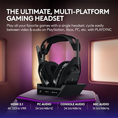 Logitech G Astro A50 X Multi-Platform Wireless Gaming Headset + Base Station for PS5/Xbox/PC: PLAYSYNC Video & Audio Switcher, HDMI 2.1 4K 120Hz VRR, <24bit/48kHz, 24hr Battery, 2.4GHz & BT - Black - color: Black, style: PLAYSYNC Video & Audio