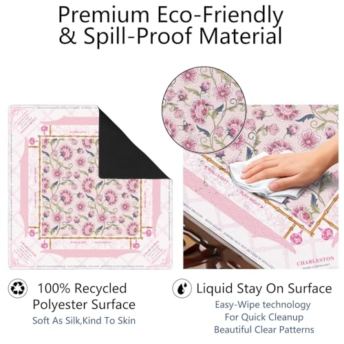 Mahjong Mat for Table with Carrying Bag & 3 Dice, Beige Pink Floral 31.5"x31.5" Square Rubber Mahjong Table Cover, Non-Slip & Noise Reduction Gaming Mat for Mah Jongg, Poker, Dominoes & Tile Games - color: Beige Pink