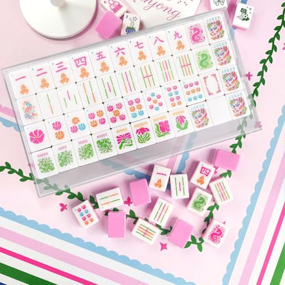 Soulchen 160 Pink Kaleidoscope American Mahjong Tile Set with Acrylic Storage Box & Dice 1.2" 3D Engraved Tiles for Adults Friends Family Game Night Mahjong Travel Size Chinese Game Gifts - style: Kaleidoscope