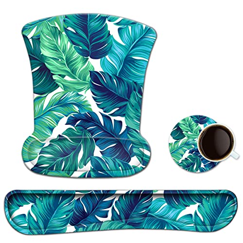 Keyboard Wrist Rest Pad Ergonomic Mouse Pad Set, ToLuLu Mouse Pad for Computer Laptop, Non Slip Mousepad Keyboard Wrist Support with Raised Memory Foam for Easy Typing Pain Relief, Tropical Leaf - color: Tropical Leaf