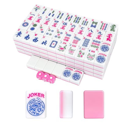 166pcs American Mahjong Tile Set with Pink Back Tiles for Family Night, 1.2-inch Mahjong Game Set with 3 Dice for Gathering, Party, Camping(Tiles Only)