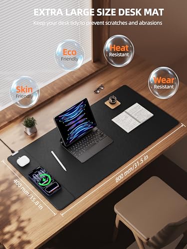 TopMade Mouse Pad with 15W Wireless Charging, XXL Large Leather Desk Mat, Waterproof Gaming Mousepad Home Office Desk Pad Protector, Computer Keyboard Pad, Mouse Mat for MacBook, PC, Laptop, Black - color: Black