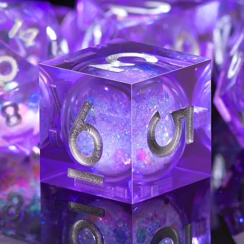 AUSTOR Liquid Core DND Dice Set, 7-Die Sharp Edge Polyhedral Dice Quicksand Handmade Resin Dices for Dungeons and Dragons RPG MTG Table Games, Violet, Silver - color: Violet, Silver