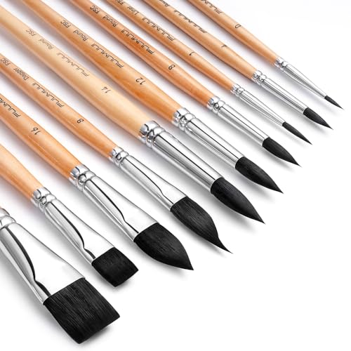 Watercolor Brush Set, Fuumuui 10pcs Professional Synthetic Squirrel Paint Brushes for Artists - Flat, Round Pointed, Dagger, Cats Tongue Oval Wash - color: Wooden