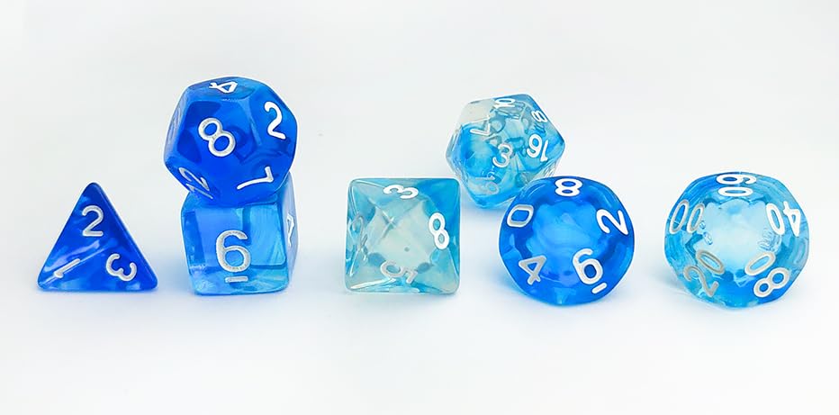 Blue DND 주사위 7개 세트 (클리어 블루-화이트) | D&D, 던전 앤 드래곤, CoC, MTG, TTRPGs 게임 액세서리용 투명 다면체 주사위 세트 - D20 시스템 게임 - color: 투명 블루 & 화이트