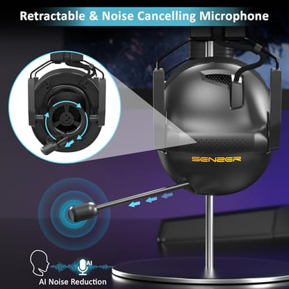 SENZER Wireless Gaming Headset with Microphone - 7.1 Surround Sound, Noise Canceling Mic, 2.4GHz Wireless & Bluetooth 5.3 - Foldable Gaming Headphones for PC PS5 PS4 (Not Xbox Compatible)