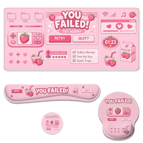 Cute Gamer Desk Mat Set Strawberry Pink Kawaii Aesthetic Mouse Pad with Wrist Rest 4in1 Desk Mat for Desktop Ergonomic Keyboard Wrist Support Anti-Slip Computer Ergonomic Mouse Pad Home Office Gaming - color: Cute Gamer