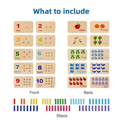 TOOKYLAND Peg Board Toddler Toys, Counting Wooden Toys with 55 Pegs | Wooden Math Manipulatives, Montessori Math and Numbers for Kids & Kindergarten Learning Activities