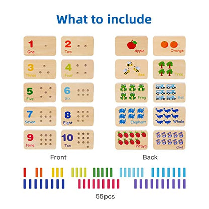 TOOKYLAND Peg Board Toddler Toys, Counting Wooden Toys with 55 Pegs | Wooden Math Manipulatives, Montessori Math and Numbers for Kids & Kindergarten Learning Activities
