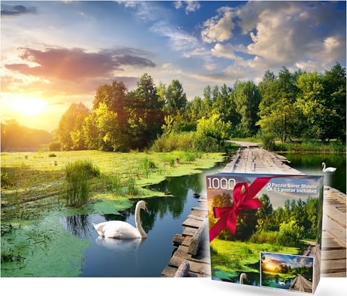 1000 Piece Puzzle for Adults - Golden Hour Lake with Wooden Bridge & Swans, Gift-Ready Box, Letters on Back, 8 Jigsaw Puzzle Saver Sheets & Full-Size Poster by GERJATO - Ideal Gift for Loved Ones - color: Swans on the Evening Lake
