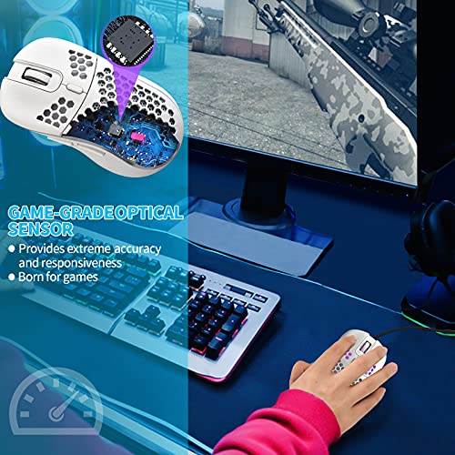 Techsea Honeycomb Wired Gaming Mouse with RGB On/Off Switch, 7200 Adjustable DPI, Ergonomic Lightweight Design & High Precision Sensor for PC/Mac Gamers (White) - color: Ceramic White