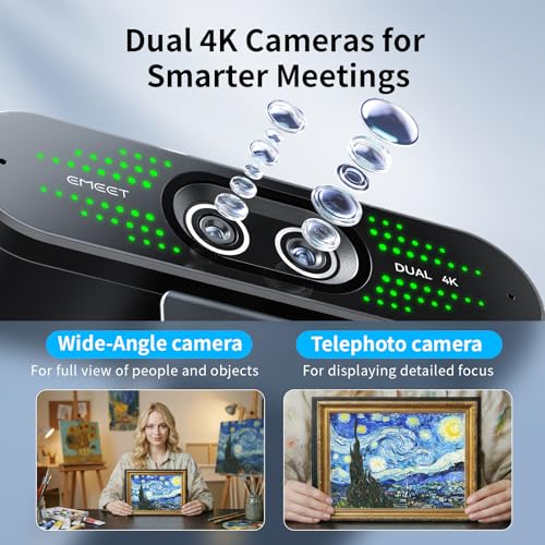 EMEET NOVA 4K Dual-Camera 4K Webcam for PC, Wide-Angle and Telephoto Camera | Max 11X Hybrid Zoom, PDAF Focus, Remote Control, RGB Lights, Webcam with Microphone for Business or Personal Online Calls - style: 4K Dual-Camera Remote