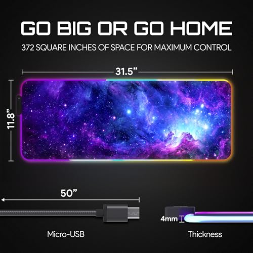 Gerlos RGB Gaming Mouse Pad, Large LED Desk Mat, 31.5 x 11.8 Inch | 12 light modes, non-slip base, water-resistant surface, stitched edges - color: Cosmic Glow