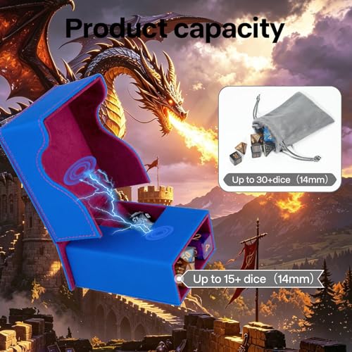 Dice Roller Tower, Premium DND Magnetic Dice Tray, Foldable PU Leather Dice Tower RPG Gifts for Dungeons and Dragons MTG Dm & Player Blue/Red（Fire Dragon） - color: Blue/Red