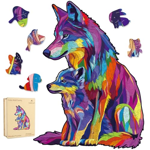 Ruikiyart Wooden Wolf Puzzle,200 Pieces Colorful Wolf Wooden Jigsaw Puzzles, Animal Brain Teaser Puzzles Unique Shaped for Kids Home Games (9.5"*12.6") - color: Color Wolf Family, size: 200 Pieces