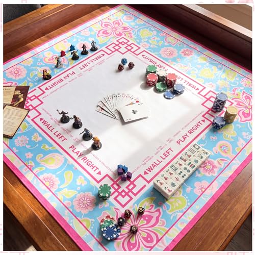 Pink Floral Mahjong Mat with Rules 31.5" x 31.5" Non-Slip Noise Reduction Gaming Mat with Carrying Bag American Mahjong Table Cover for Poker Board Card Games Dominoes - style: Pink and Green