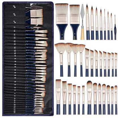 Nicpro 36pcs Paint Brush Set for Acrylic Painting, Oil, Watercolor, Gouache | 9 Shapes No Shedding Synthetic Bristles with Palette Knife and Canvas Roll, Professional Painting Supplies for Artists - color: Blue