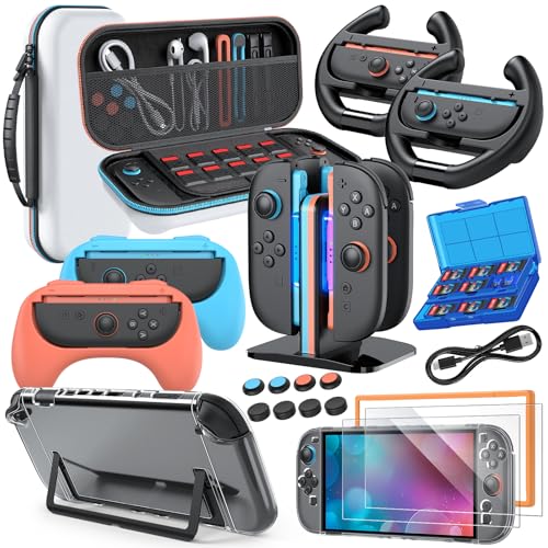Switch 2 Accessories, Bundle Case for Nintendo Switch 2 (2025), MENEEA 20-IN-1 Kits: Carrying Case, Controller Charger Dock, Grips for Joy Con,Steering Wheels for Mario Kart,Protective Cover for Controller Console for Switch 2 (White) - color: White