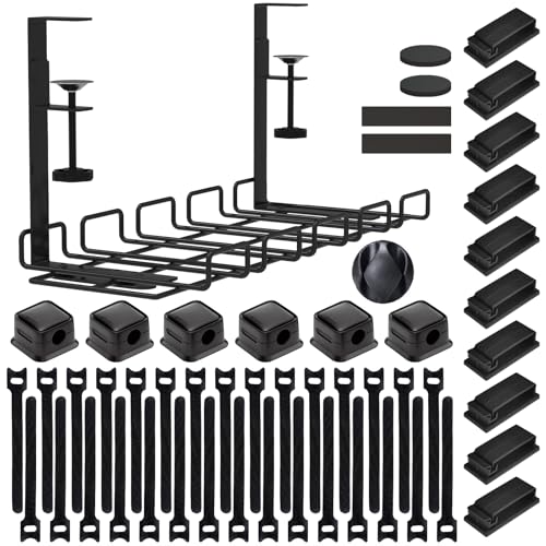 Under Desk Cable Management Tray with 52Pcs Different Essential Accessories | No Drill Steel Cord Organizer Kit for Home Office Standing Desk (15.7/13.4inch, Black)