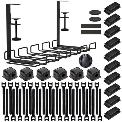 Under Desk Cable Management Tray with 52Pcs Different Essential Accessories | No Drill Steel Cord Organizer Kit for Home Office Standing Desk (15.7/13.4inch, Black)