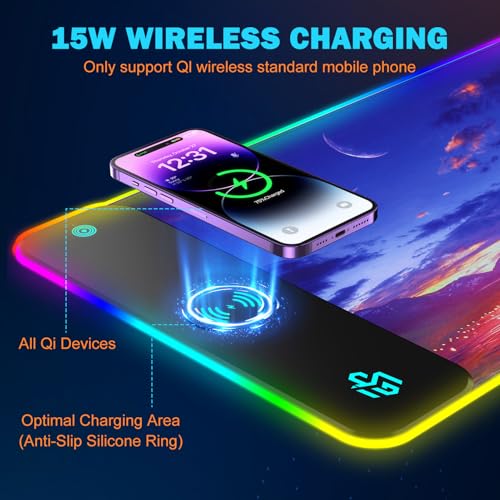 Mouse Pad Gaming Wireless Charging, 800x300x4mm Extended Desk Mat with 10 RGB Light Modes, Non-Slip Rubber Base, Waterproof Computer Keyboard Mat for Gamer, PC, Laptop, Office, Twilight Blue-Purple - color: Twilight Blue-Purple