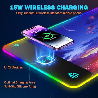Mouse Pad Gaming Wireless Charging, 800x300x4mm Extended Desk Mat with 10 RGB Light Modes, Non-Slip Rubber Base, Waterproof Computer Keyboard Mat for Gamer, PC, Laptop, Office, Twilight Blue-Purple - color: Twilight Blue-Purple