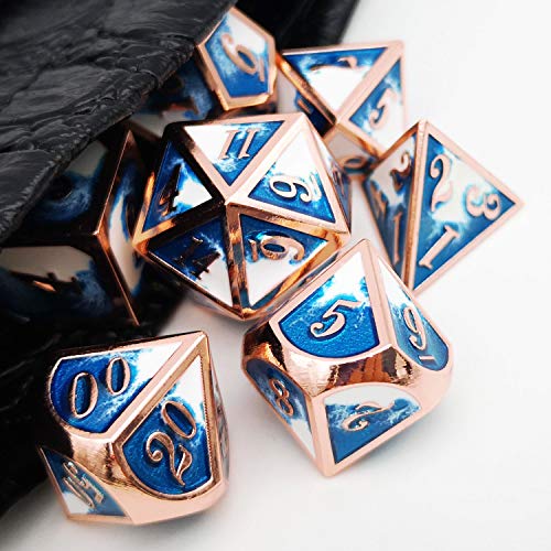 Haxtec Metal DND Dice Set, 7 Pcs Blue-White Polyhedral Dice for RPG | Copper Edge D&D Dice with Leather Bag, Compatible with Dungeons and Dragons, Heavy Metallic, Gifts for Table Games - color: Copper Blue White