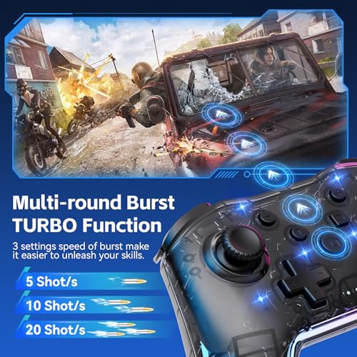 Wireless Pro Ergonomic Controller for Switch/PC/iOS/Andorid | Compatible with Lite/OLED/. 7-Color RGB Lighting, Turbo/Vibration Adjustment, 10H Battery life, One-Key Wake-Up. - color: TransparentBlack