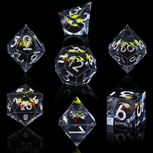 AUSTOR 7 Die DND Dice Set - 7 Pieces Green Skull Resin Dice - D20, D12, D10, D8, D6, D4 Sharp Edge Dungeons and Dragons Dice with Case - color: Green Skull