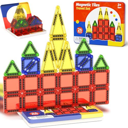 Magnetic Tiles Travel Toys with Storage Case, Portable STEM Building Blocks for 3-8 Year Olds, Toddler Airplane Activities & On-The-Go Birthday Gift for Boys & Girls - style: Magnetic Tiles Travel Construction Set - 26PCS