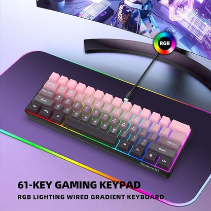 Snpurdiri 60% Wired Gaming Keyboard, Pink-Black | 61 Keys, RGB Backlit Ultra-Compact Small Gaming Keyboard for PC/Mac Gamer, Typist, Travel, Easy to Carry on Business Trip - color: Gradient Pink and Black