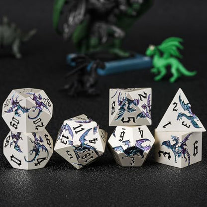 Metal D&D Dragon Dice Set,Metallic DND Polyhedral Dice for Dungeons and Dragons RPG TTRPG D&D 7-Die Set with Gift Case Pearl Silver Illusion to Blue Green Purple - color: Dragon-pearl Silver Illusion to Blue Green Purple