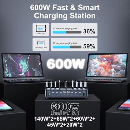 600W USB C Charging Station with Charging Stand (Black) | GaN Tech 10-Port PD3.1 140W QC60W Multiple Devices Charger Organizer for MacBook Laptop, iPad, iPhone and More