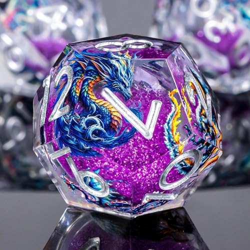 Roycevon Dragon Pattern Liquid Core DND Dice Set, 7Pcs Sharp Edge D&D Dice with Gift Box, Resin Purple Dungeons Dragons D and D Role Playing Dice D20 D12 D10 D8 D6 D4 - color: Purple