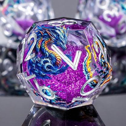 Roycevon Dragon Pattern Liquid Core DND Dice Set, 7Pcs Sharp Edge D&D Dice with Gift Box, Resin Purple Dungeons Dragons D and D Role Playing Dice D20 D12 D10 D8 D6 D4 - color: Purple