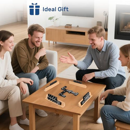 Jumbo Dominos Set for Adults with 4 Wooden Racks/Trays, Double 6 Dominoes Travel Set with Portable Case Double Six Dominoes Set with 4 Tiles Holders, 28 Tiles Dominos Set for Family Board Games - color: Black
